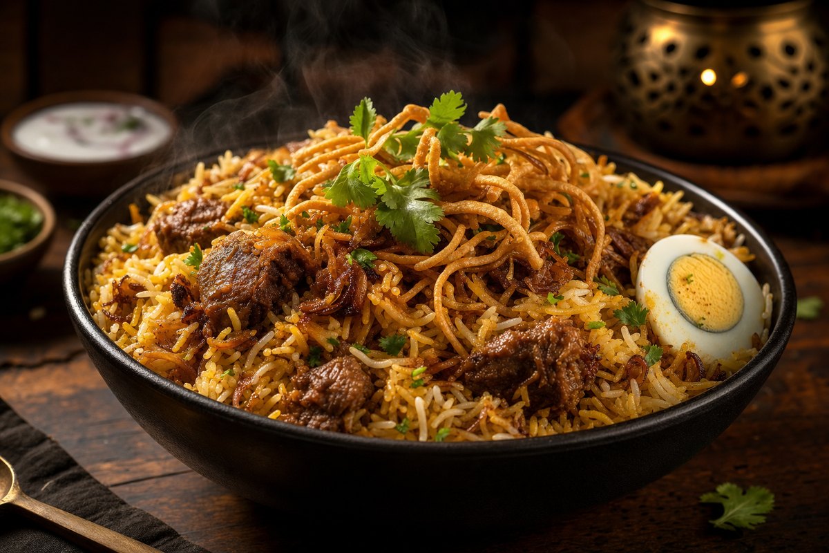 Beef biriyani served with fried rice noodles