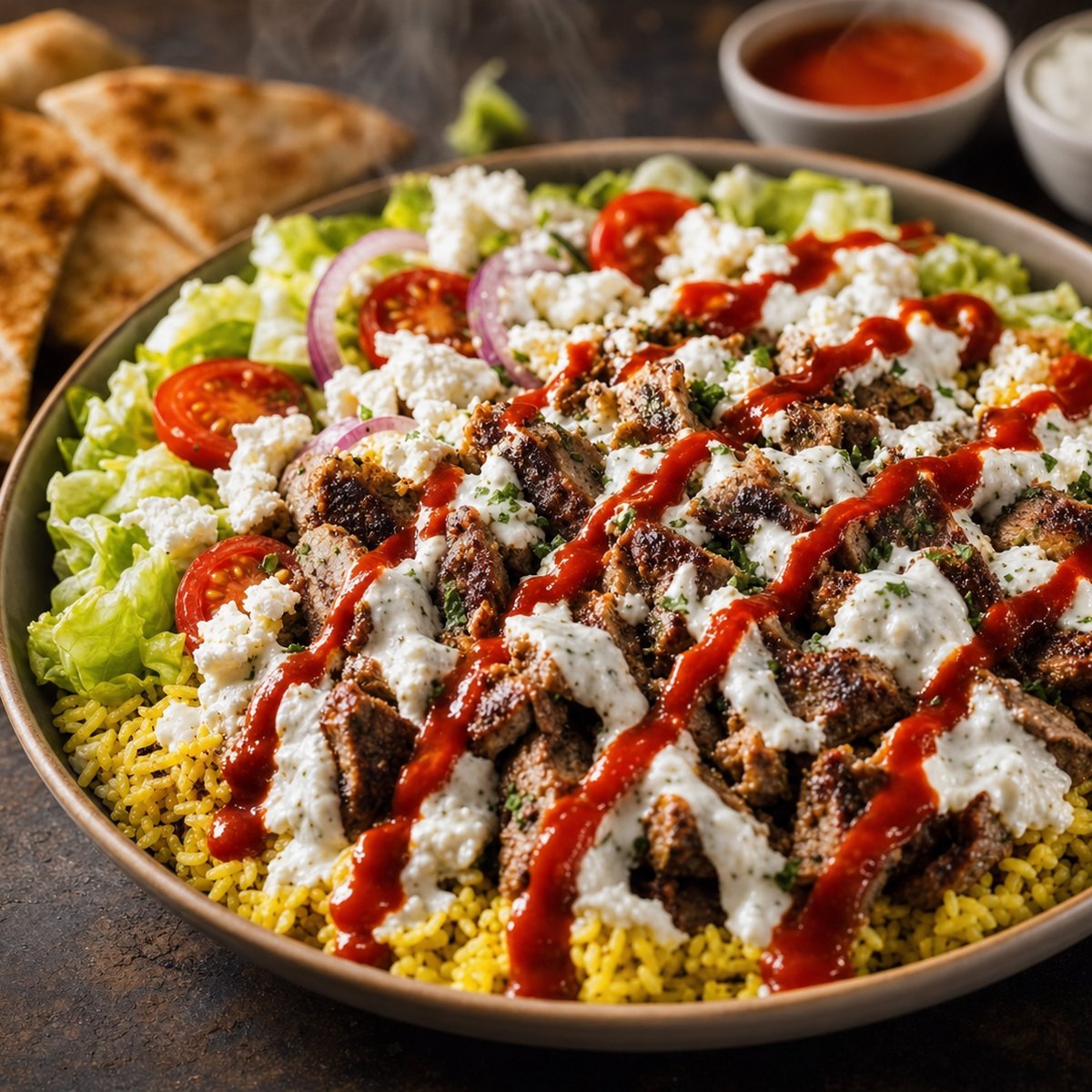 NY-style gyro rice bowl with lettuce, tomato, feta, white sauce and hot sauce drizzle