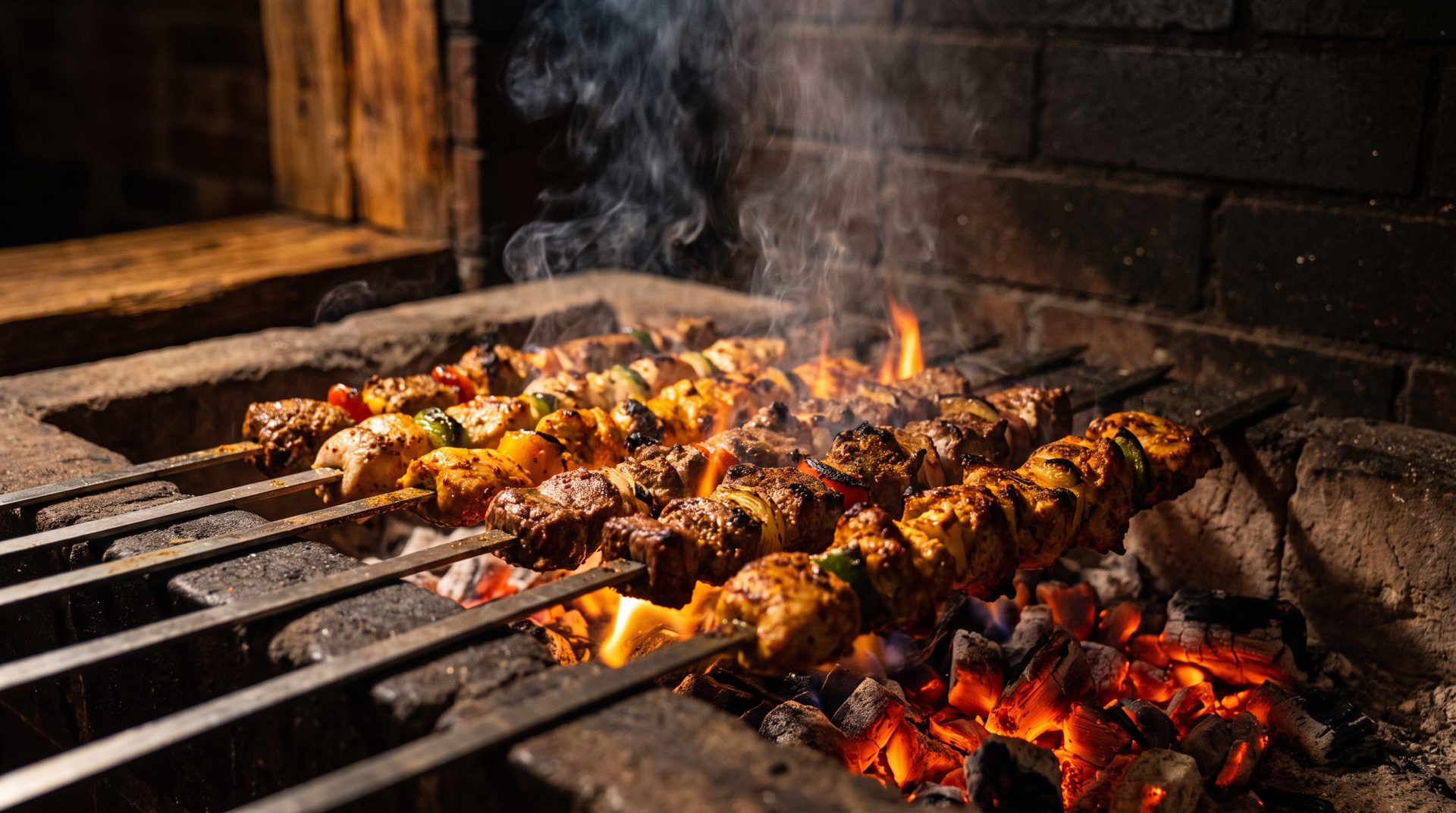 Skewered meat grilling over open charcoal flames